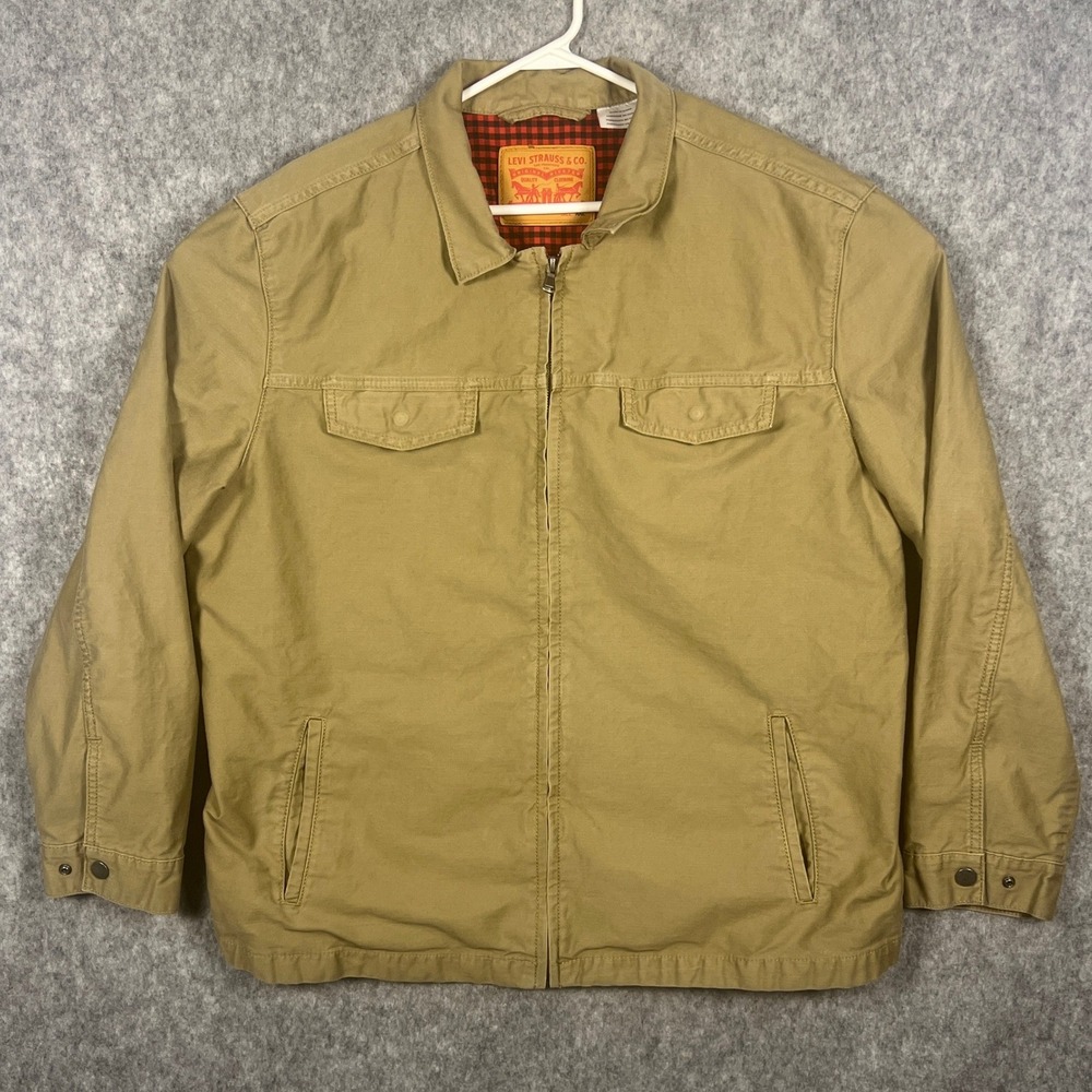 Levi's Men's Khaki XXL Trucker Bomber Jacket Lined‎ Zip Red Black Buffalo Plaid